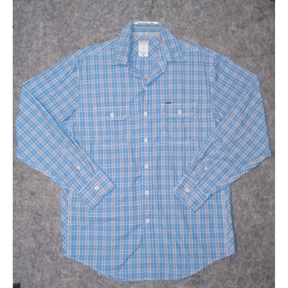 IZOD Explorer Button Up Shirt Mens Medium Blue Plaid Roll Tab Long Sleeve